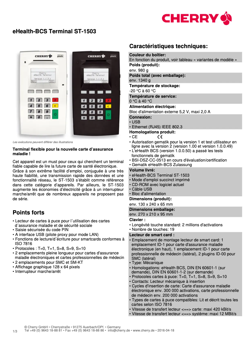 Page 1 of the manual Technical Sheet Cherry eHealth-BCS Terminal ST-1503