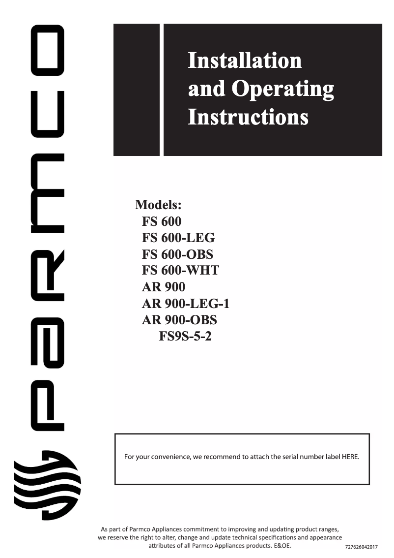 Page 1 of the manual User Manual Parmco FS 600-LEG