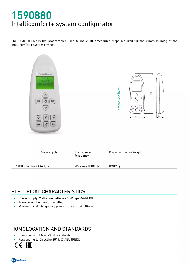 Page 1 of the manual Technical Sheet Fantini Cosmi 1590880