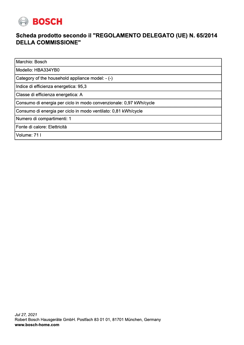 Page 1 of the manual Technical Sheet Bosch HBA334YB0