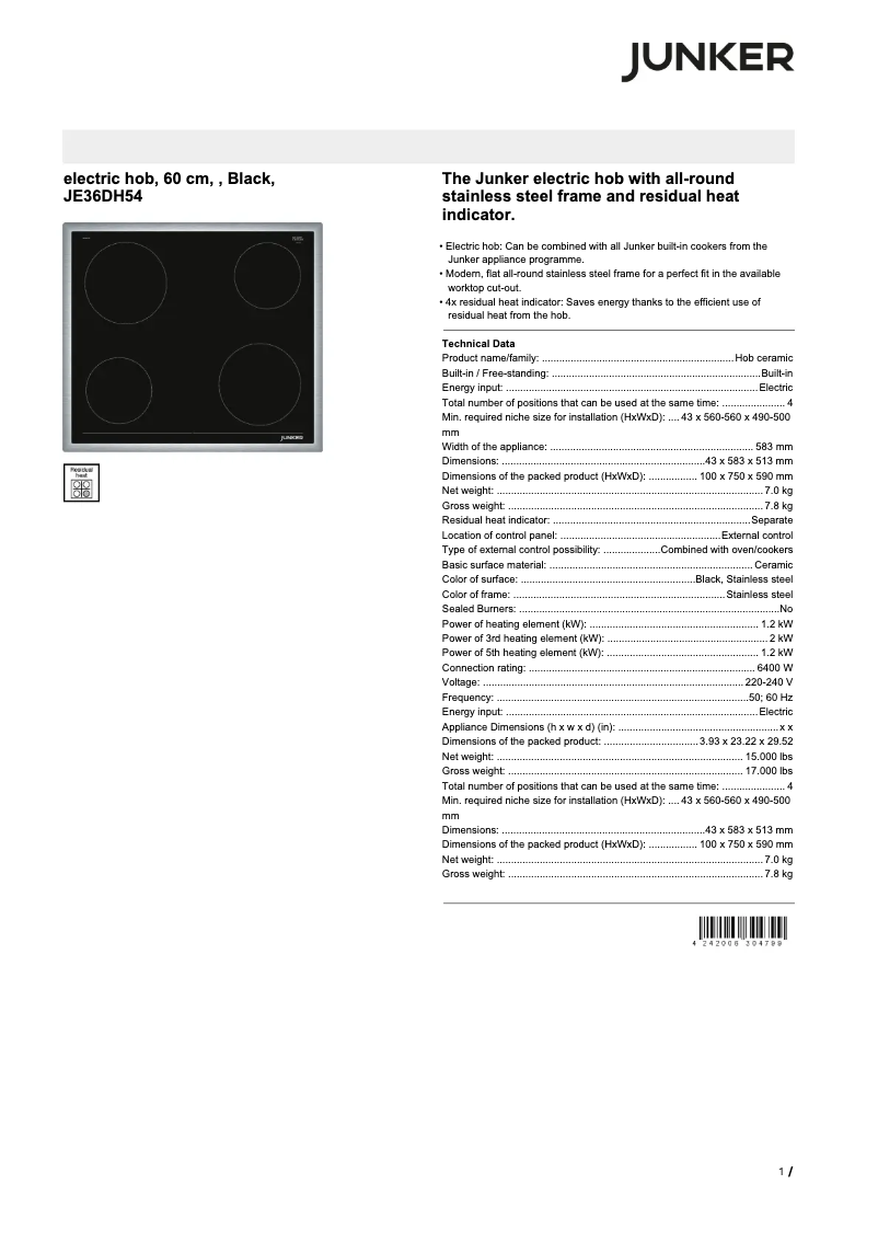 Page 1 of the manual Technical Sheet Junker JE36DH54