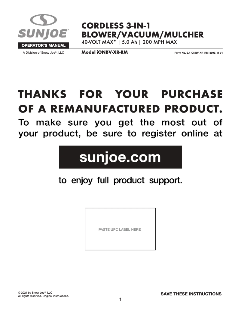 Page 1 of the manual User Manual Sun Joe IONBV-XR-RM