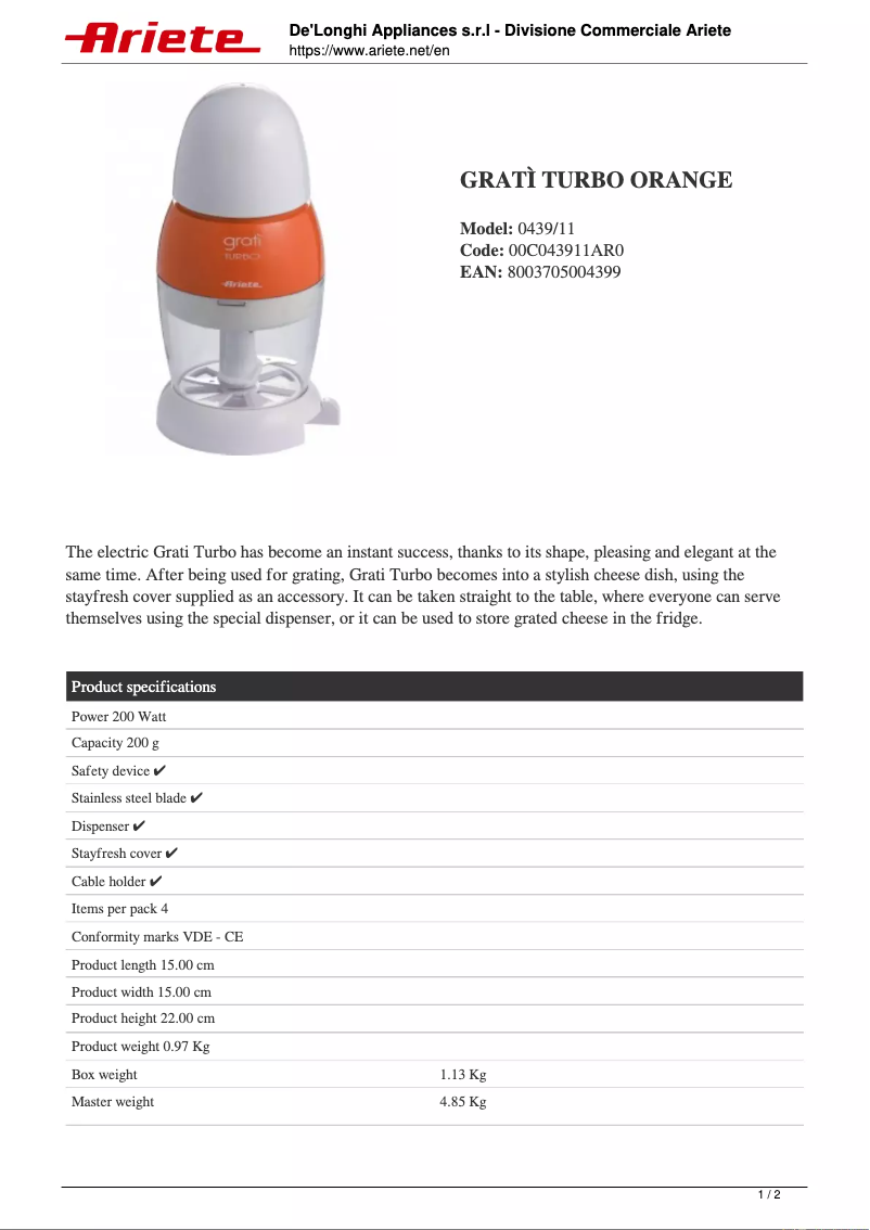 Image de la première page du manuel de l'appareil Gratì Turbo 0439