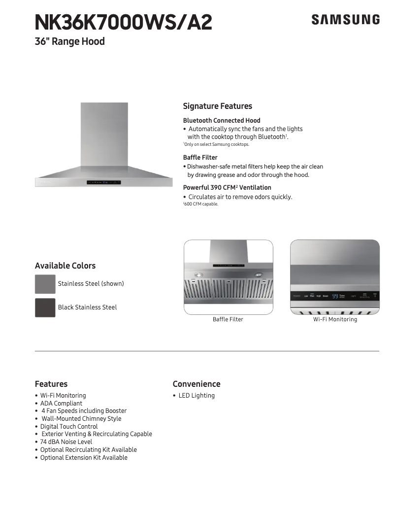 Page 1 of the manual Technical Sheet Samsung NK36K7000WG/A2