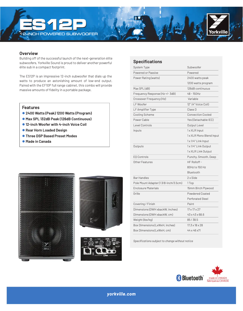 Page 1 de la notice Fiche technique Yorkville Elite ES12P