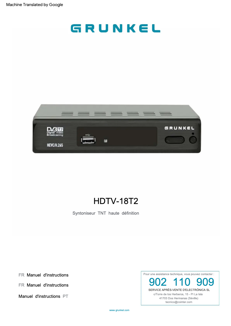 Page 1 of the manual User Manual Grunkel HDTV-18 T2