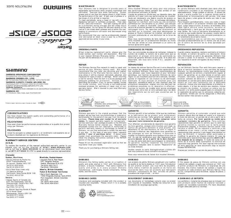 Page 1 of the manual User Manual Shimano Castaic 200SF