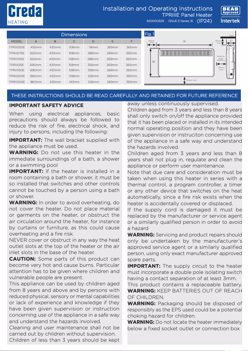 Page 1 of the manual Quick Start Guide Creda TPRIII200E