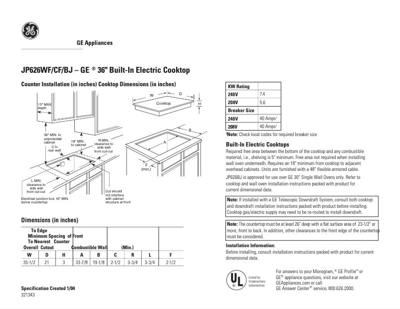 Page 1 of the manual Technical Sheet GE JP626WFWW