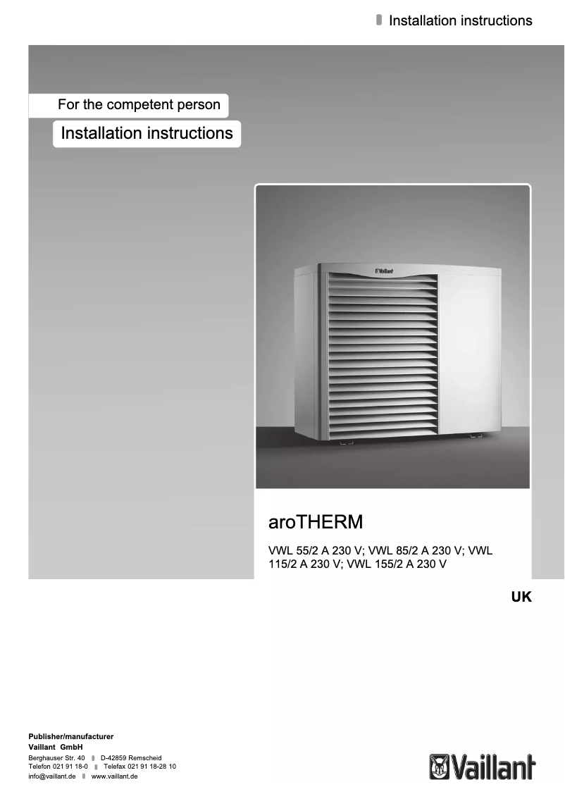 First page image of the manual for AroTHERM VWL 55-2