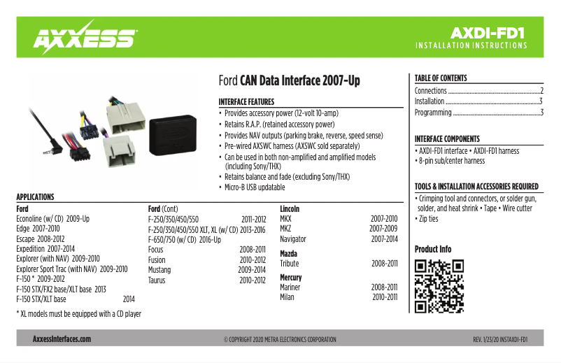 First page image of the manual for AXDI-FD1