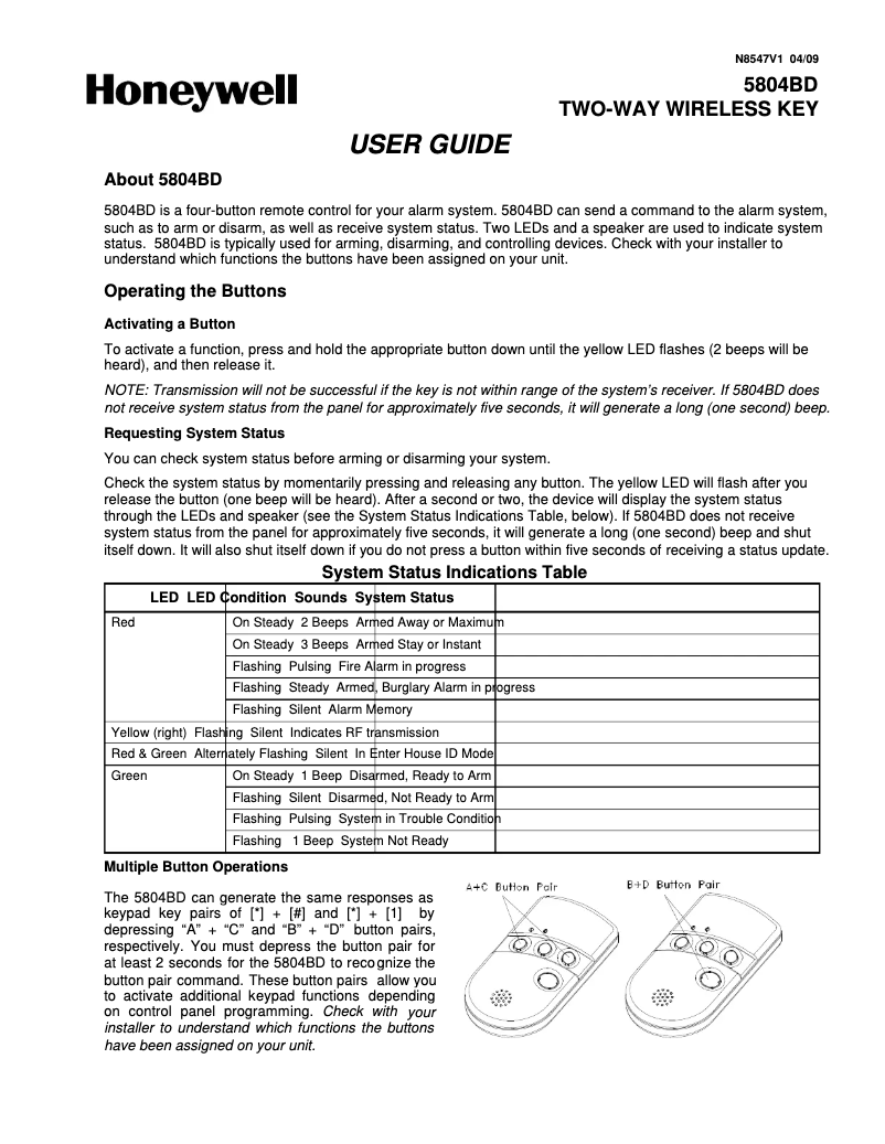 Page 1 of the manual User Manual Honeywell 5804BD