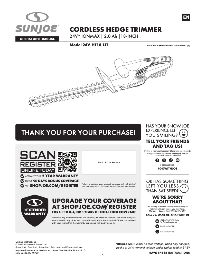 Page 1 of the manual User Manual Sun Joe 24V-HT18-LTE