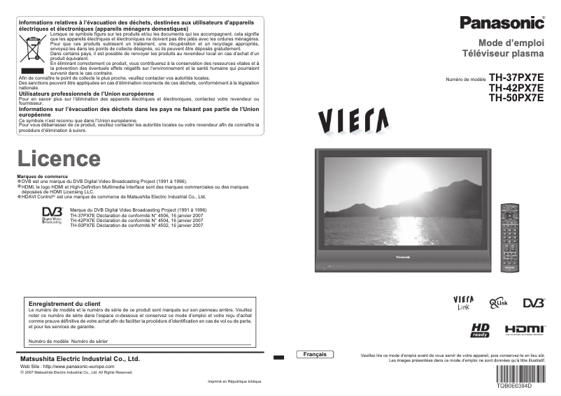 Page 1 of the manual User Manual Panasonic Viera TH-50PX7E