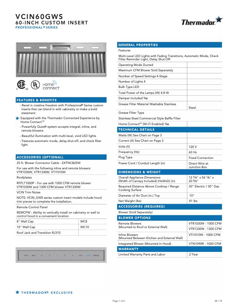 Page 1 of the manual Technical Sheet Thermador VCIN60GWS