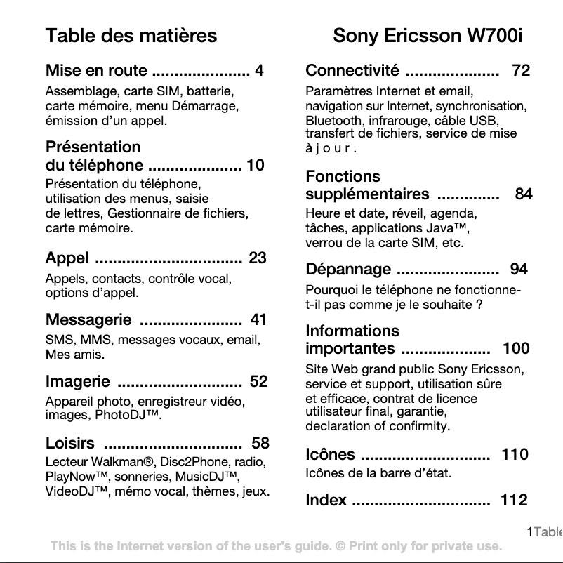 First page image of the manual for W700i