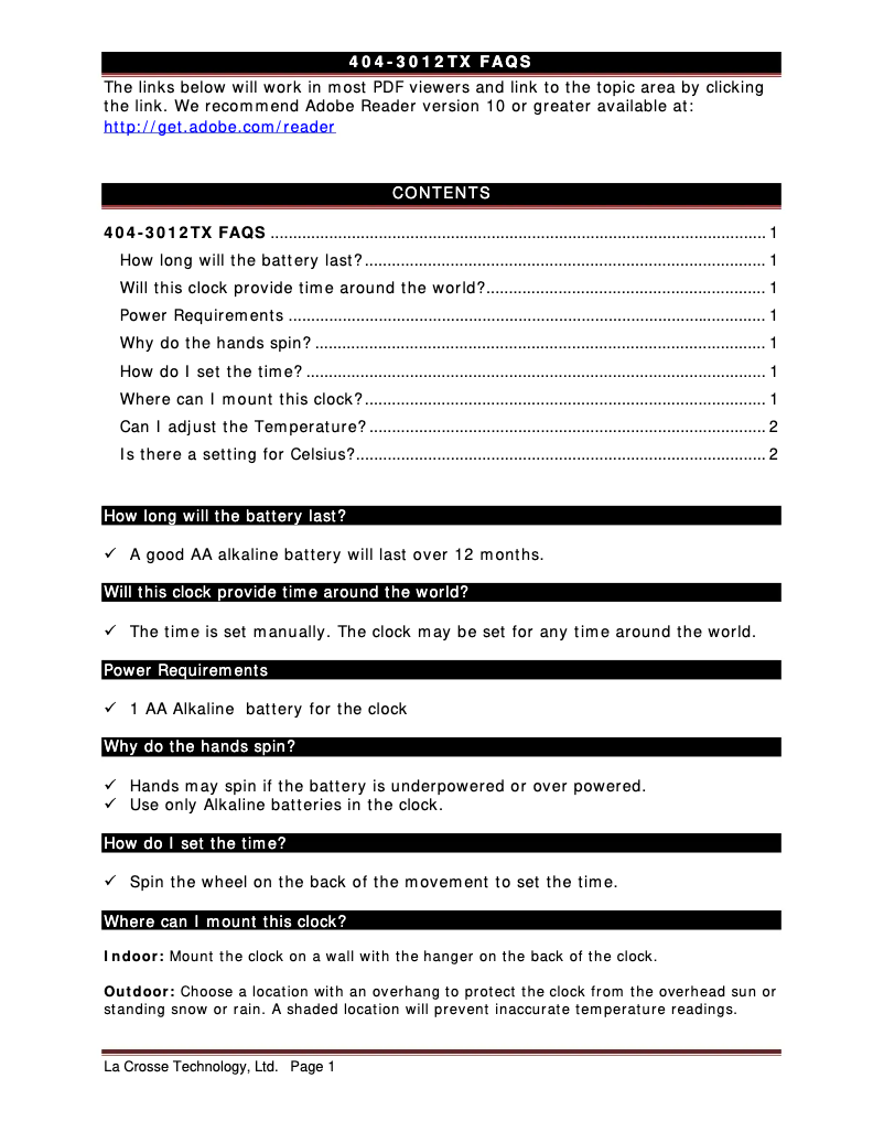 Page 1 of the manual FAQ La Crosse Technology 404-3012TX