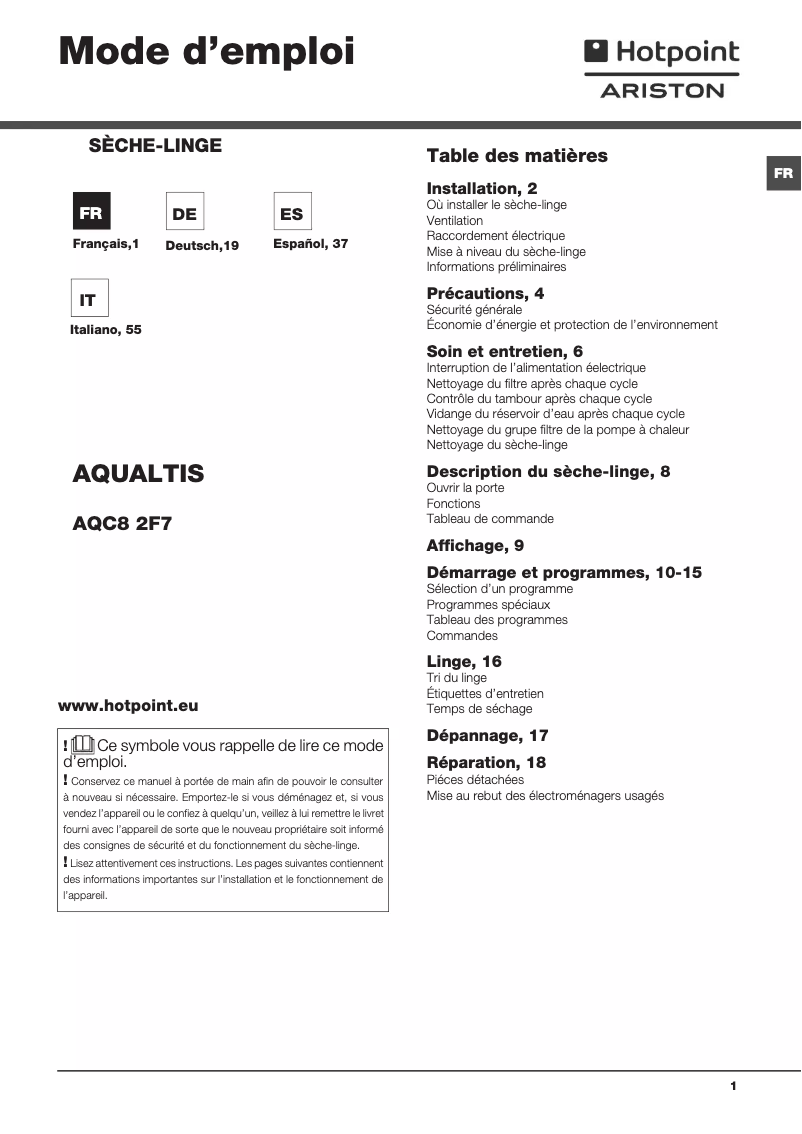 First page image of the manual for AQUALTIS AQC8 2F7