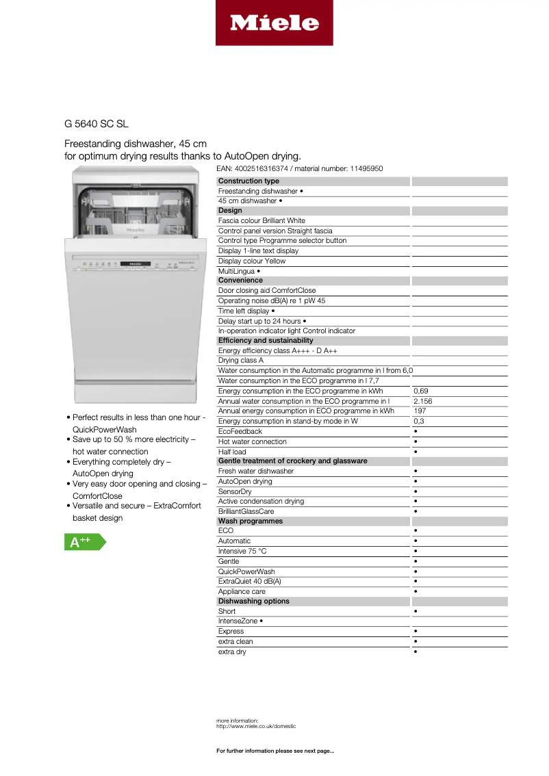 Page 1 of the manual Technical Sheet Miele G 5640 SC SL