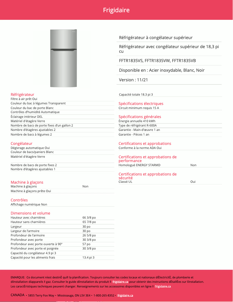 First page image of the manual for FFTR1835VW