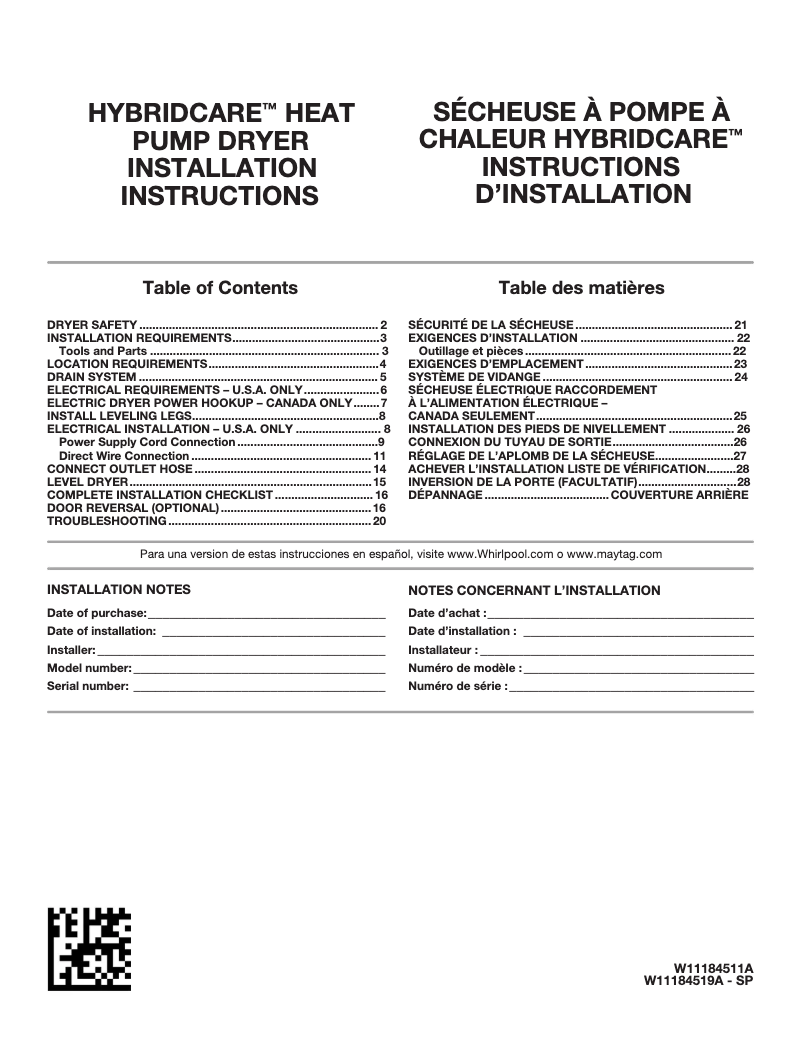 Page 1 of the manual Installation Guide Whirlpool WHLAUWHD560CHW
