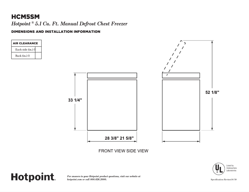 Page 1 of the manual Technical Sheet Hotpoint HCM5SMWW