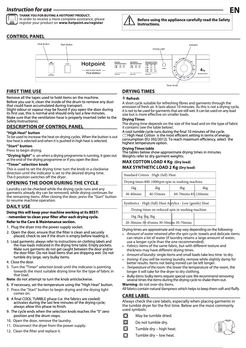 Page 1 of the manual User Manual Hotpoint NV4D 01 P (UK)