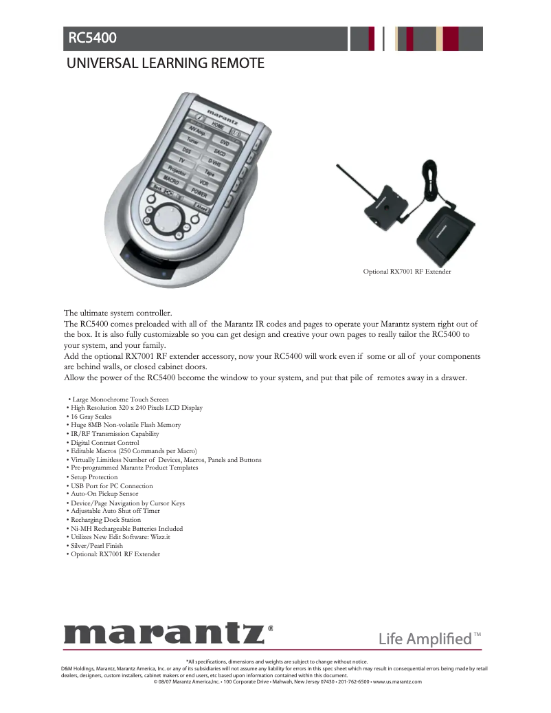 Page 1 of the manual Technical Sheet Marantz RC5400