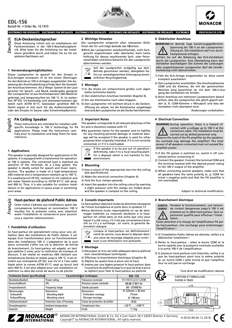 Page 1 of the manual User Manual Monacor EDL-156