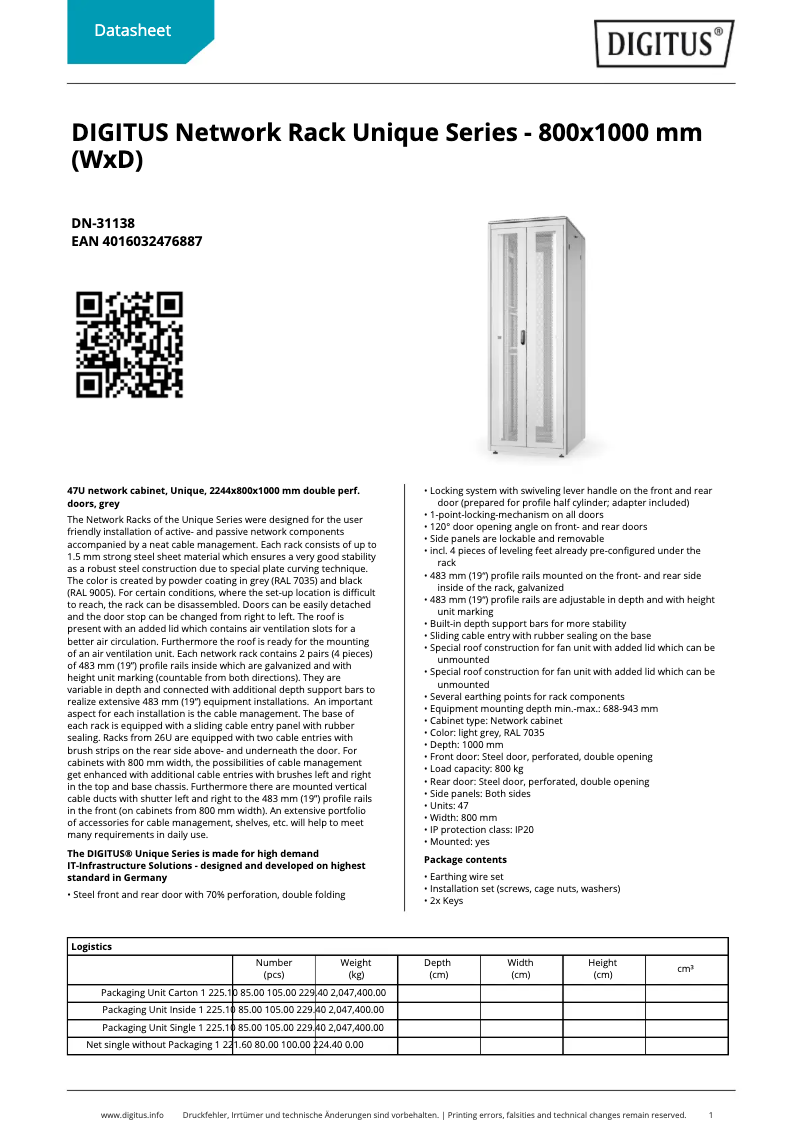 Page 1 of the manual Technical Sheet Digitus DN-31138