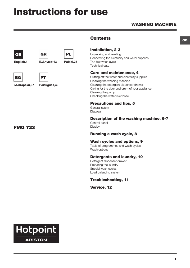 Page 1 of the manual User Manual Hotpoint Ariston FMG 723MB EU.M