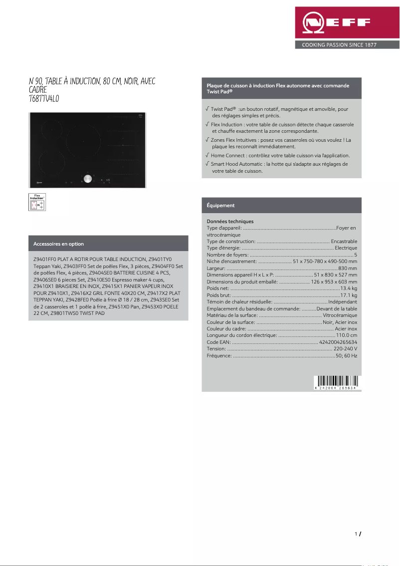 Page 1 of the manual Technical Sheet Neff T68TTV4L0