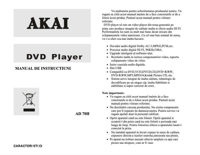 First page image of the manual for AD70H