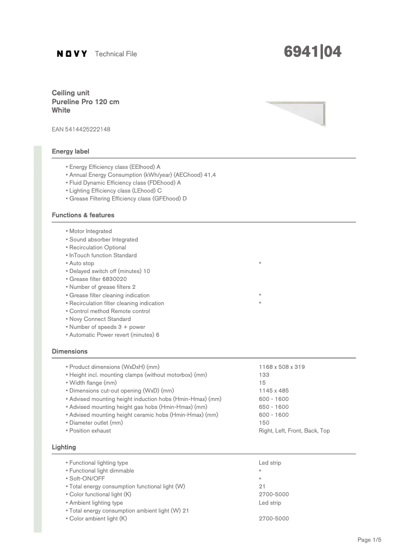 Page 1 of the manual Technical Sheet Novy Pure'line Pro 6941