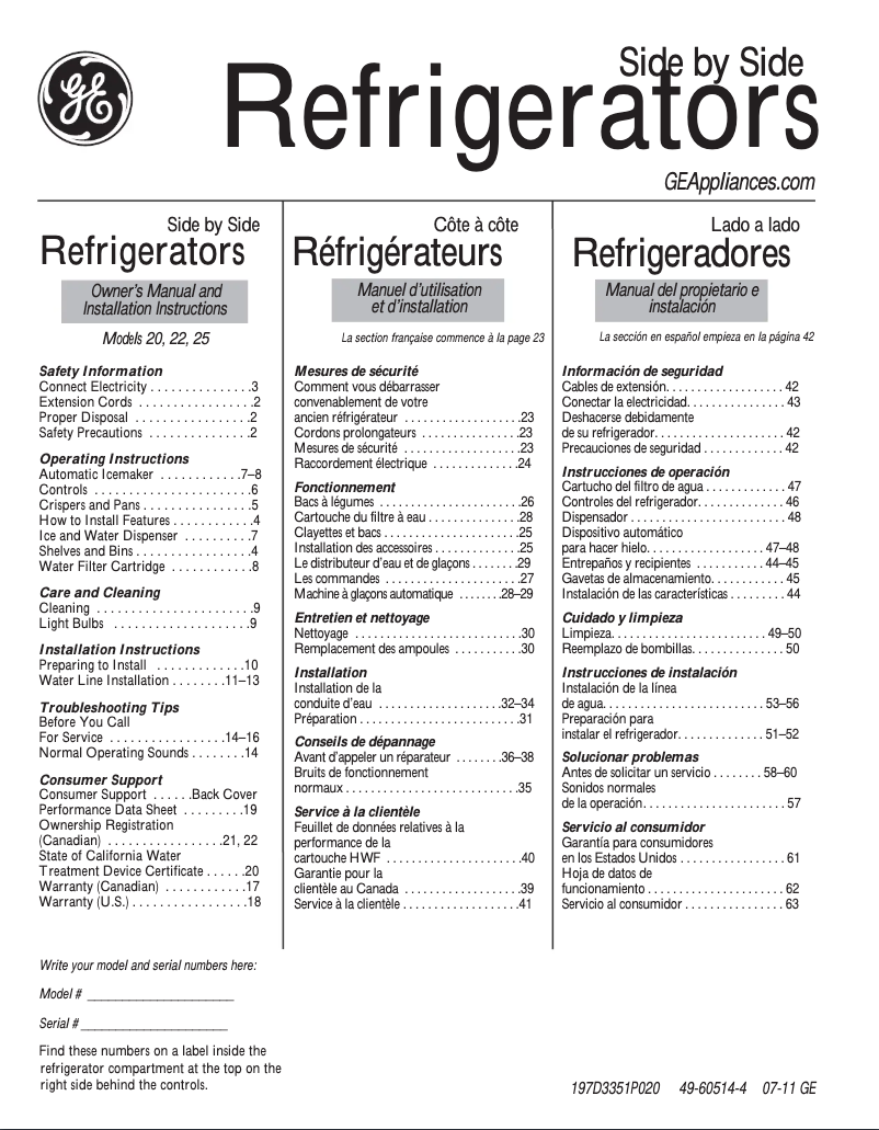 Page 1 of the manual Use and Maintenance Manual GE GSL25JGCLS