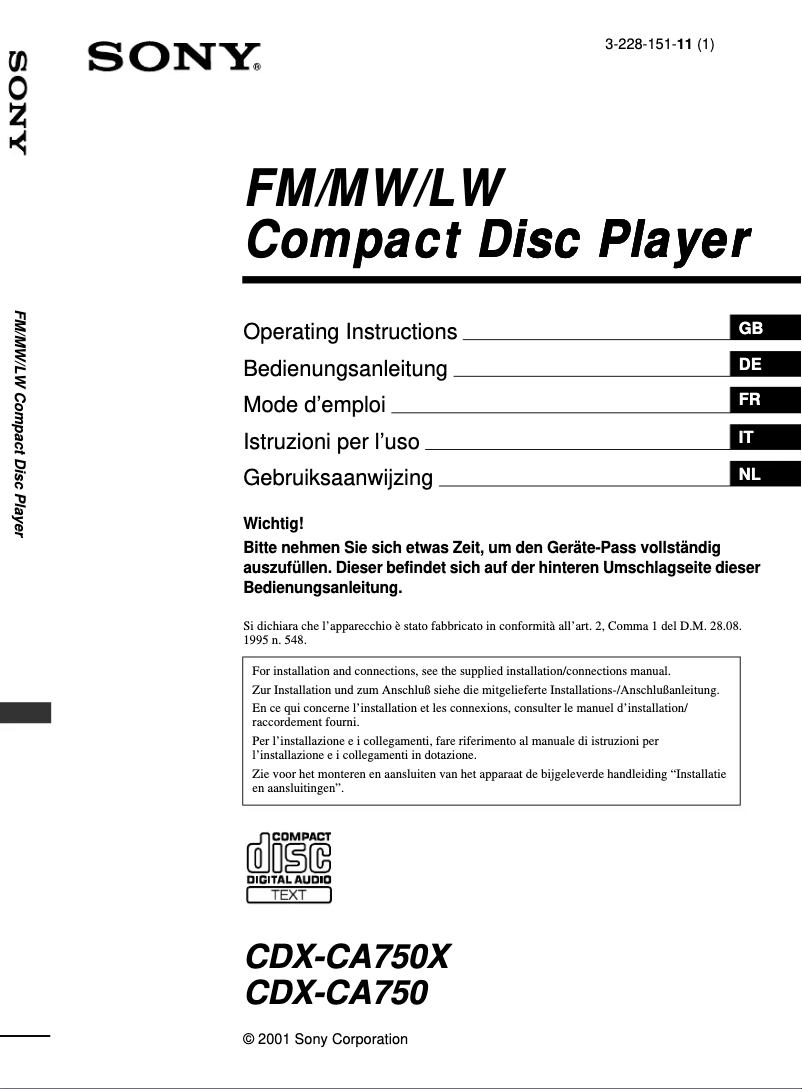 Page 1 of the manual User Manual Sony CDX-CA750