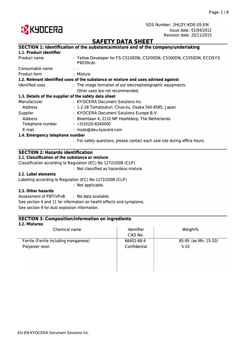 Page 1 of the manual Safety Instructions Kyocera FS-C5200DN