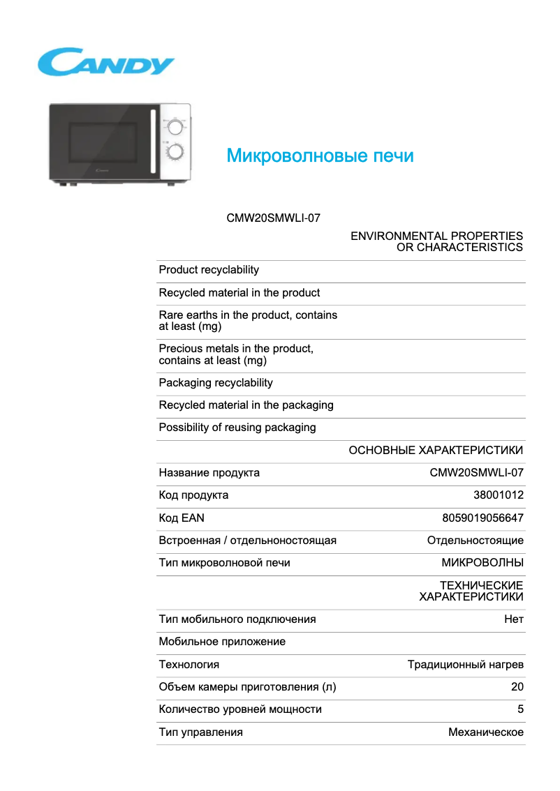 Page 1 of the manual Technical Sheet Candy CMW20SMWLI-07