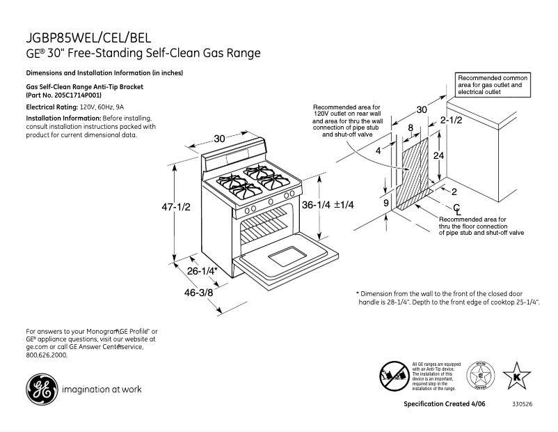 Page 1 of the manual Technical Sheet GE JGBP85CELCC