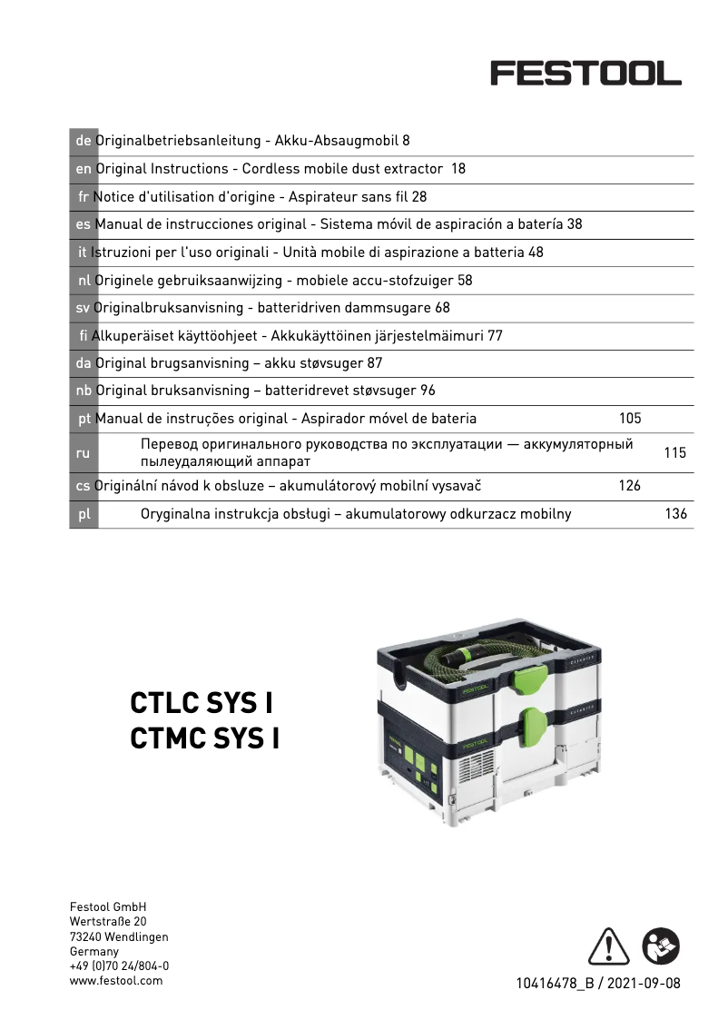 Page 1 of the manual User Manual Festool Cleantec CTMC SYS