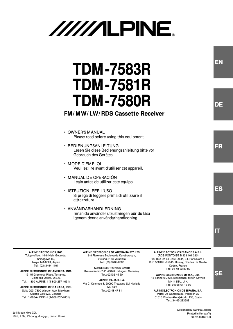 Page 1 of the manual User Manual Alpine TDM-7580R