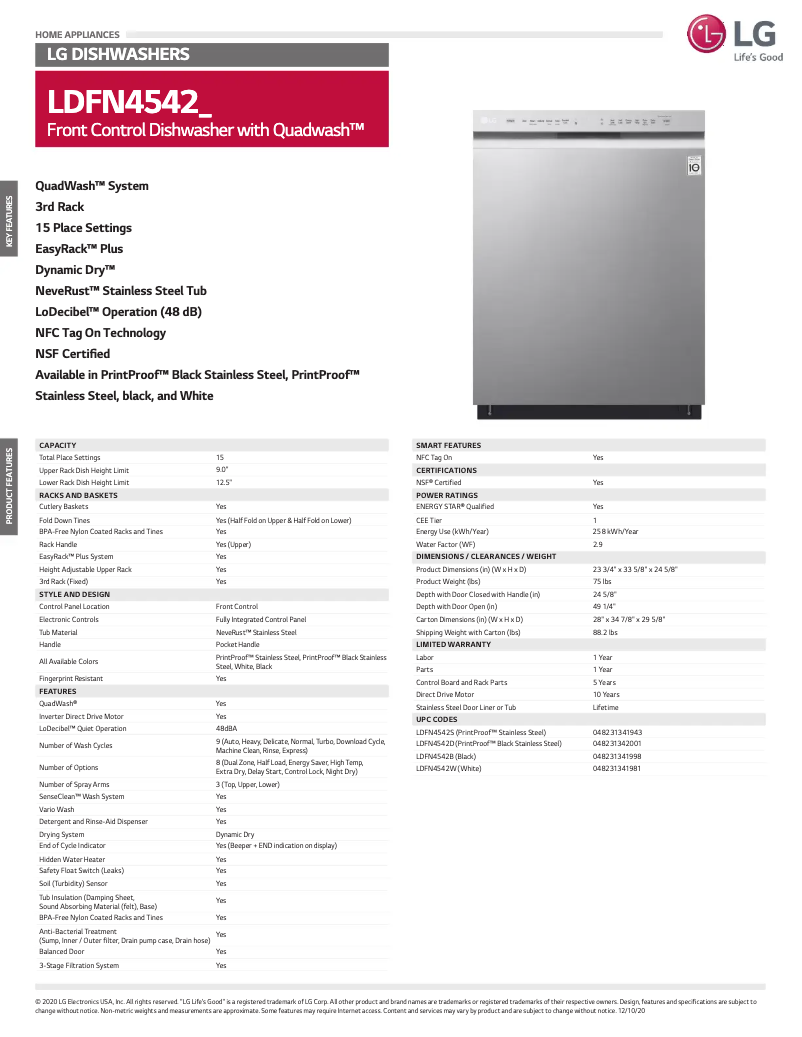 Page 1 of the manual Technical Sheet LG LDFN4542S