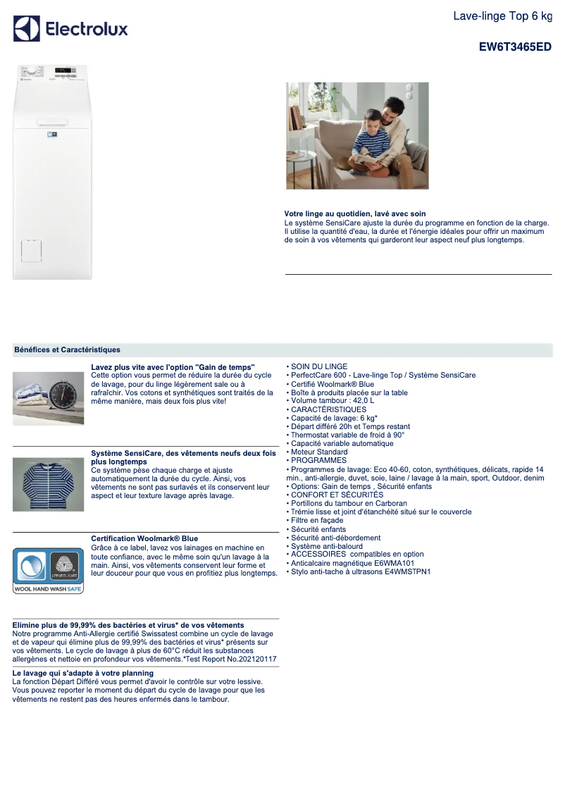 Page 1 of the manual Technical Sheet Electrolux EW6T3465ED