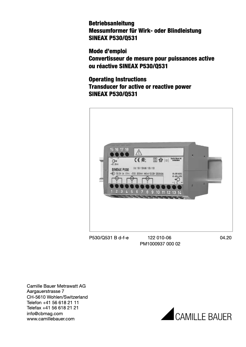 Page 1 of the manual User Manual Camille Bauer SINEAX Q531