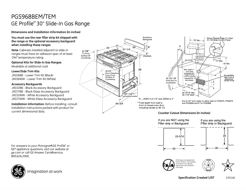 Page 1 of the manual Technical Sheet GE Profile PGS968TEMWW