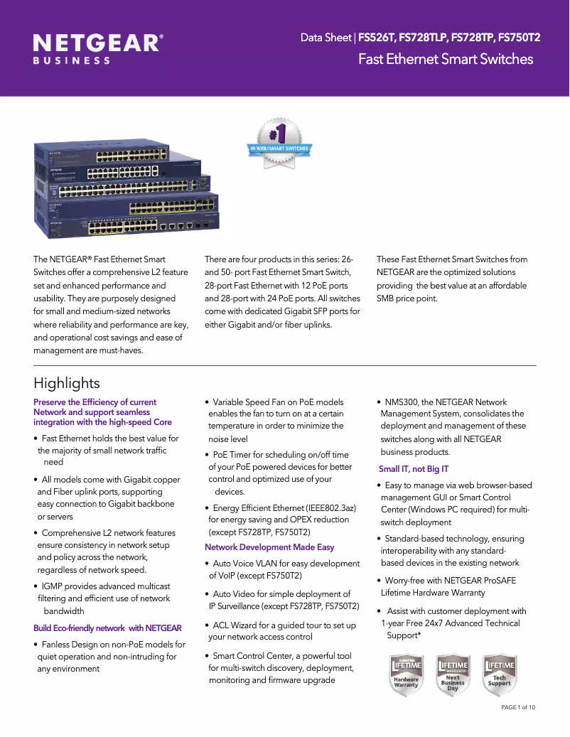 Page 1 of the manual Technical Sheet Netgear ProSafe FS526T
