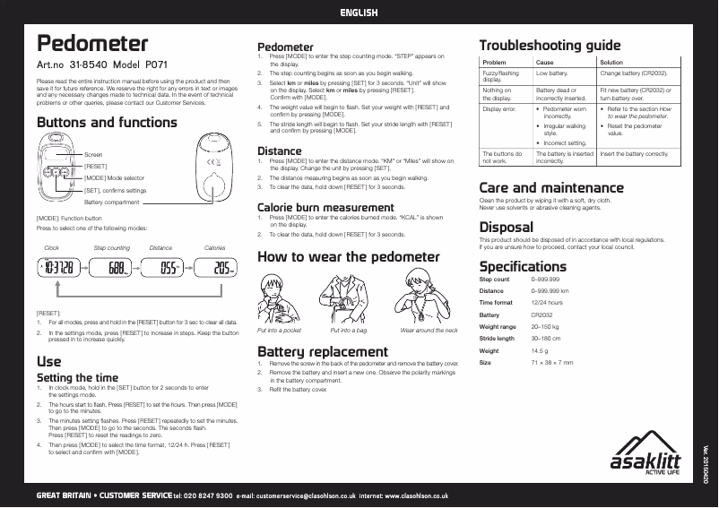 Page 1 de la notice Manuel utilisateur Asaklitt P071 (31-8540)