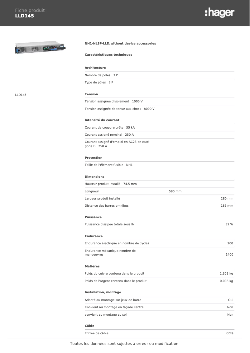 Page 1 of the manual Technical Sheet Hager LLD145