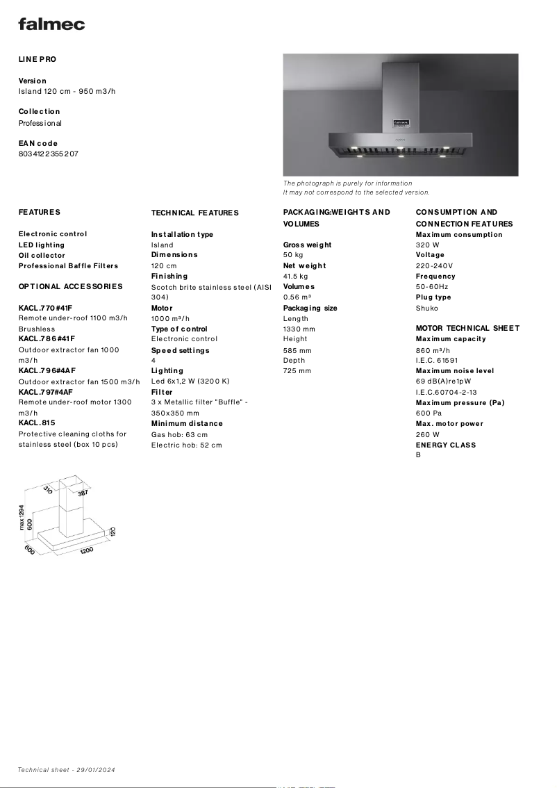 Page 1 of the manual Technical Sheet Falmec Line Pro