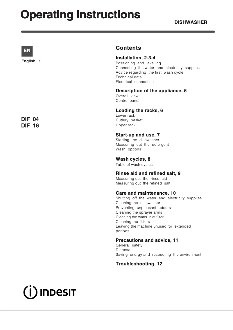 First page image of the manual for DIF 16